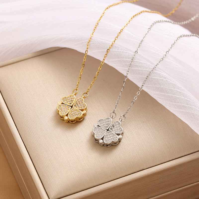 Heart & Four-Leaf Clover Zircon Two-Way Necklace