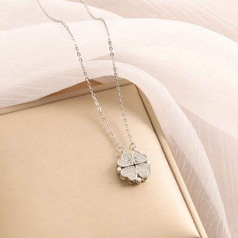 Heart & Four-Leaf Clover Zircon Two-Way Necklace