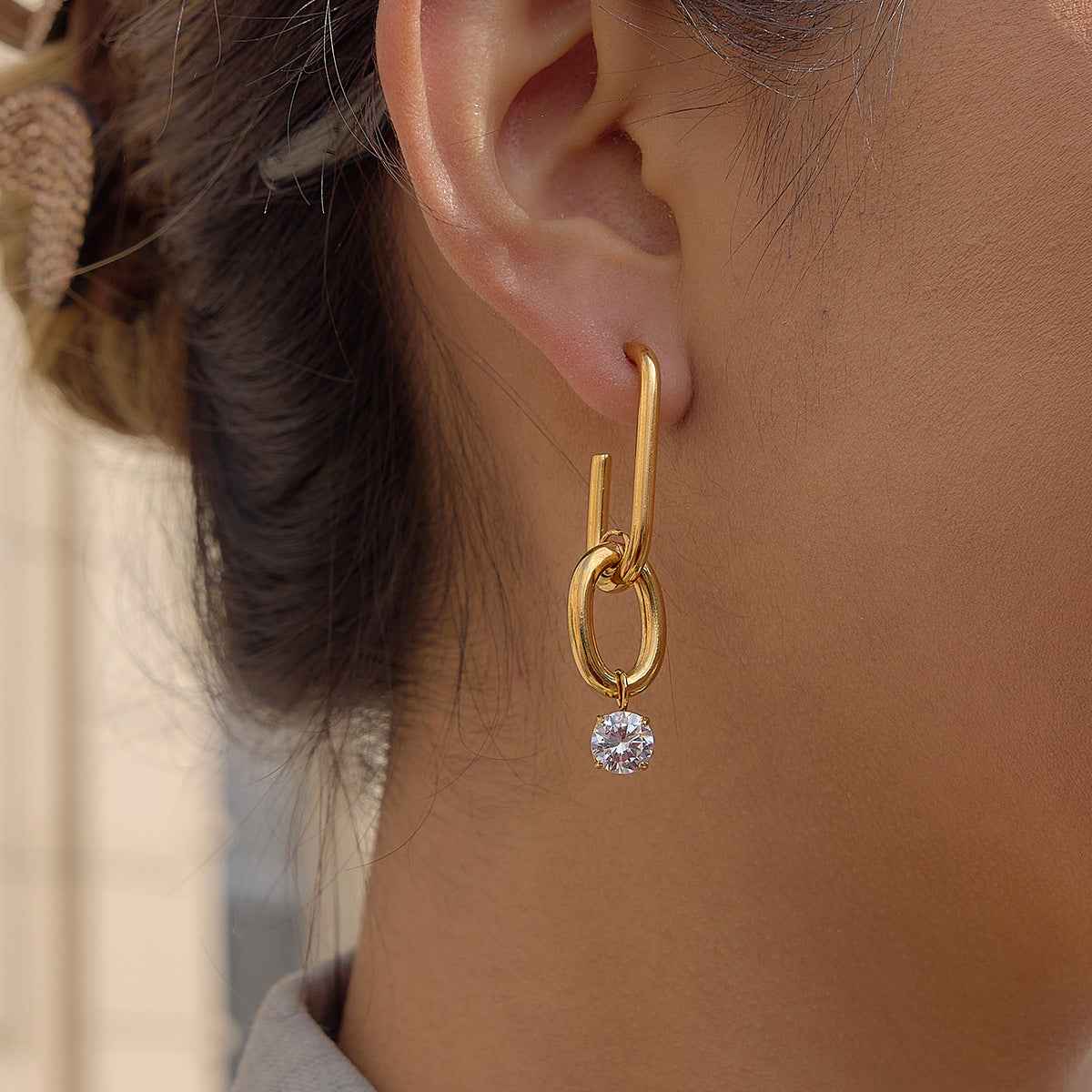 Stainless Steel Zirconia Drop Hoop Earrings | Geometric Hoop Earrings for Everyone