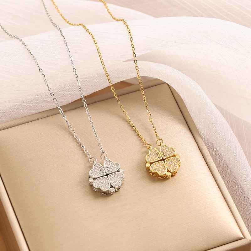 Heart & Four-Leaf Clover Zircon Two-Way Necklace