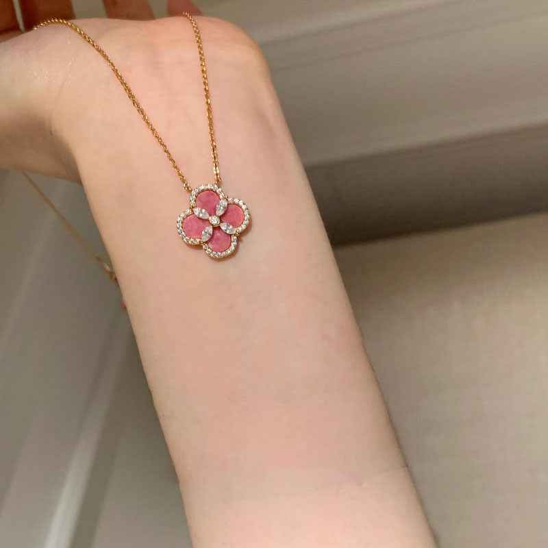 Pink Four Leaf Clover Jewelry Set | Gold Plated Clover Necklace, Bracelet & Earrings