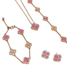 Pink Four Leaf Clover Jewelry Set | Gold Plated Clover Necklace, Bracelet & Earrings