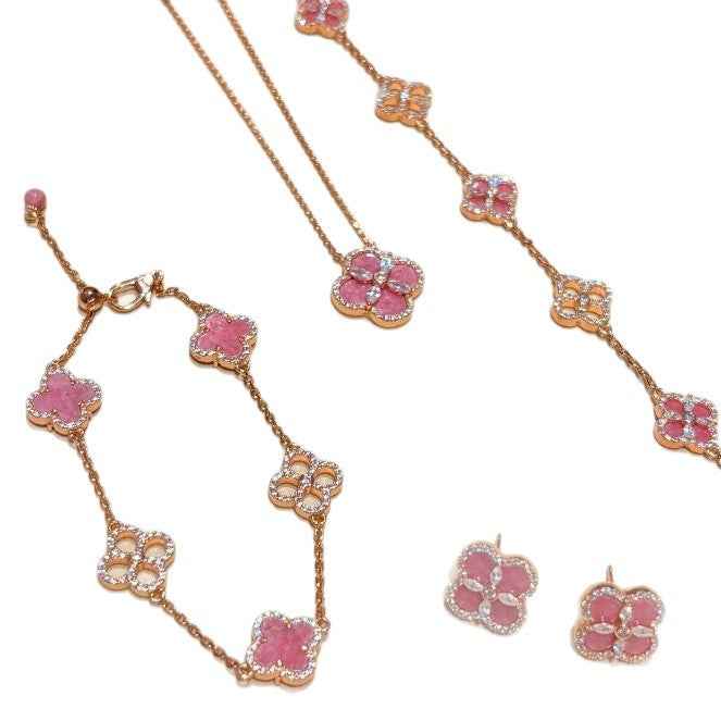 Pink Four Leaf Clover Jewelry Set | Gold Plated Clover Necklace, Bracelet & Earrings