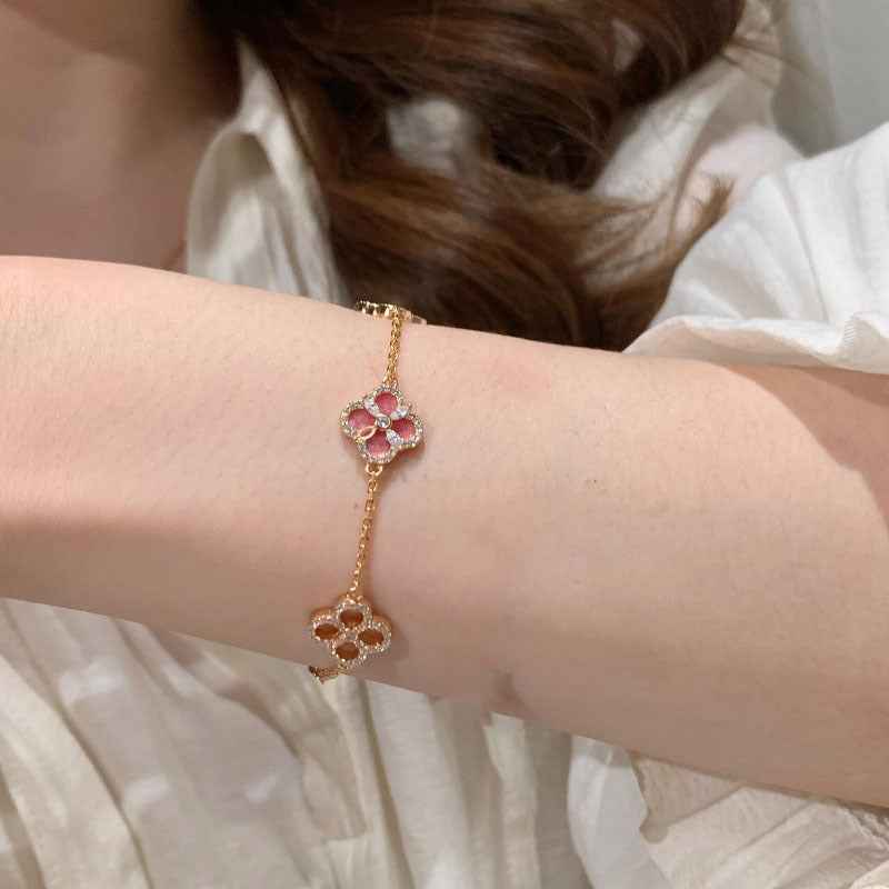 Pink Four Leaf Clover Jewelry Set | Gold Plated Clover Necklace, Bracelet & Earrings