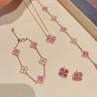 Pink Four Leaf Clover Jewelry Set | Gold Plated Clover Necklace, Bracelet & Earrings