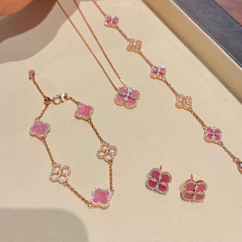 Pink Four Leaf Clover Jewelry Set | Gold Plated Clover Necklace, Bracelet & Earrings